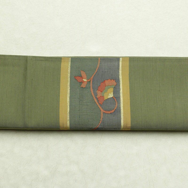 袋帯 太鼓柄 一般用 正絹 花柄 金糸 緑・うぐいす色_画像14