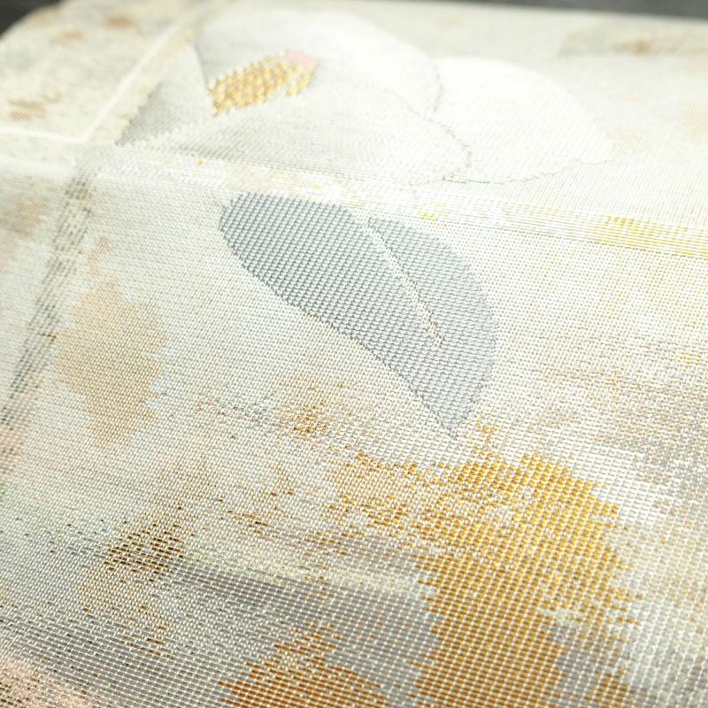 名古屋帯 六通柄 良品 正絹 花柄 名古屋仕立て 箔 金糸 椿 帯 金・銀_画像6