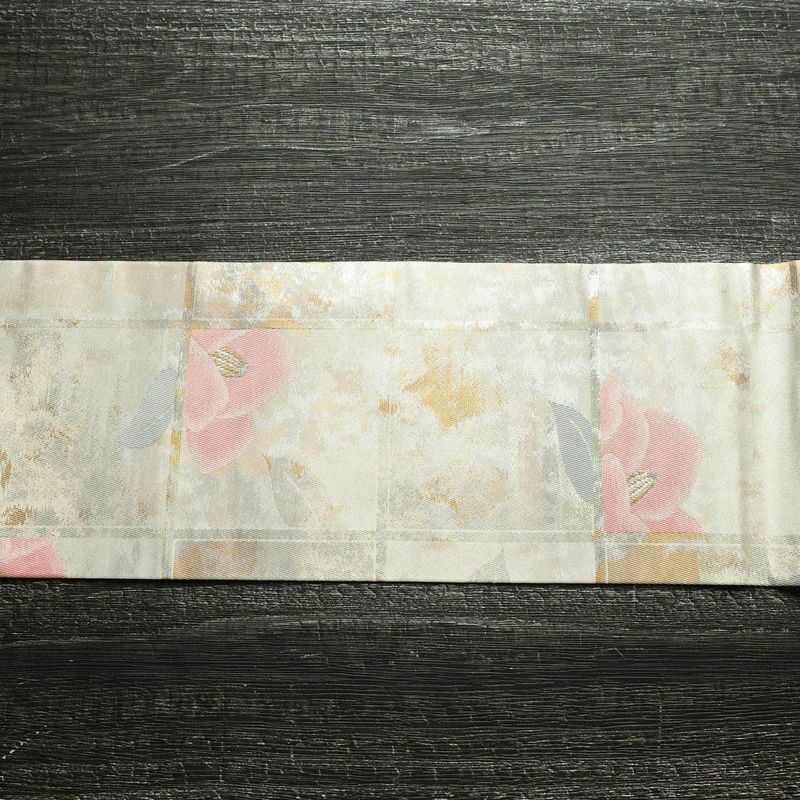 名古屋帯 六通柄 良品 正絹 花柄 名古屋仕立て 箔 金糸 椿 帯 金・銀_画像12