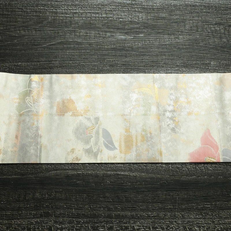 名古屋帯 六通柄 良品 正絹 花柄 名古屋仕立て 箔 金糸 椿 帯 金・銀_画像13