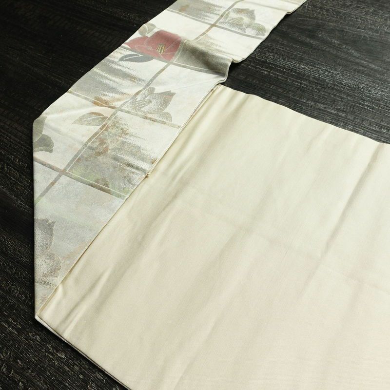 名古屋帯 六通柄 良品 正絹 花柄 名古屋仕立て 箔 金糸 椿 帯 金・銀_画像19