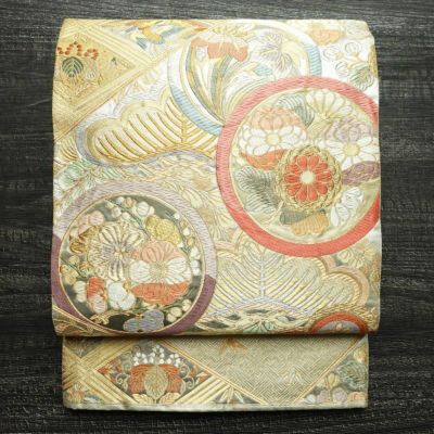 袋帯 本金二重箔 扇面花鳥 文六通柄 良品 フォーマル用 正絹 古典柄 箔