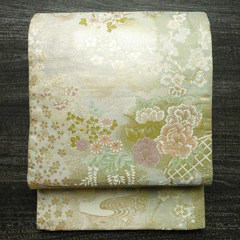 袋帯 六通柄 フォーマル用 正絹 花柄 箔 金糸 帯 緑・うぐいす色 | 六  