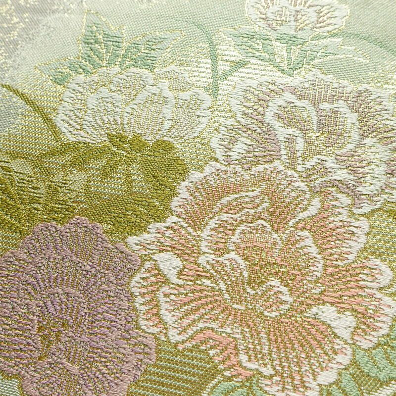 袋帯 六通柄 フォーマル用 正絹 花柄 箔 金糸 帯 緑・うぐいす色_画像3