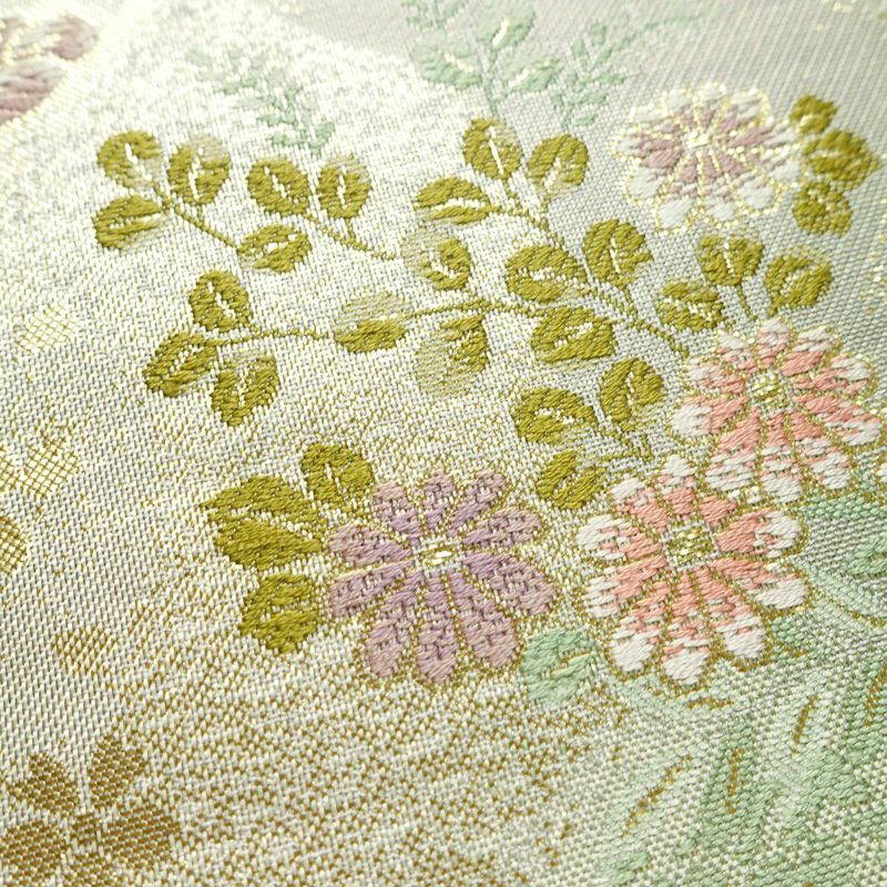 袋帯 六通柄 フォーマル用 正絹 花柄 箔 金糸 帯 緑・うぐいす色_画像6