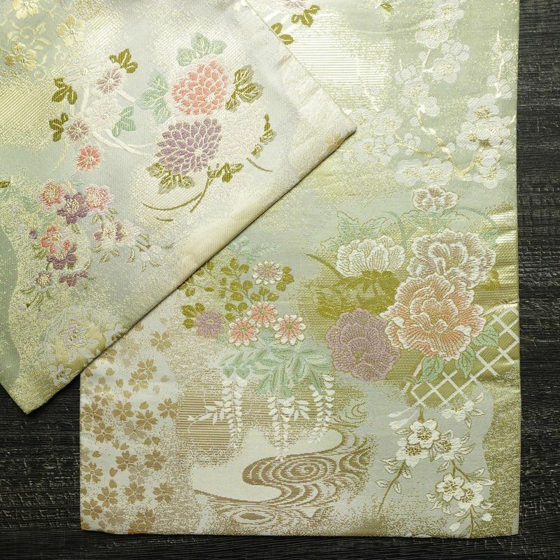 袋帯 六通柄 フォーマル用 正絹 花柄 箔 金糸 帯 緑・うぐいす色_画像13