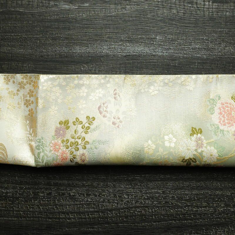 袋帯 六通柄 フォーマル用 正絹 花柄 箔 金糸 帯 緑・うぐいす色_画像14