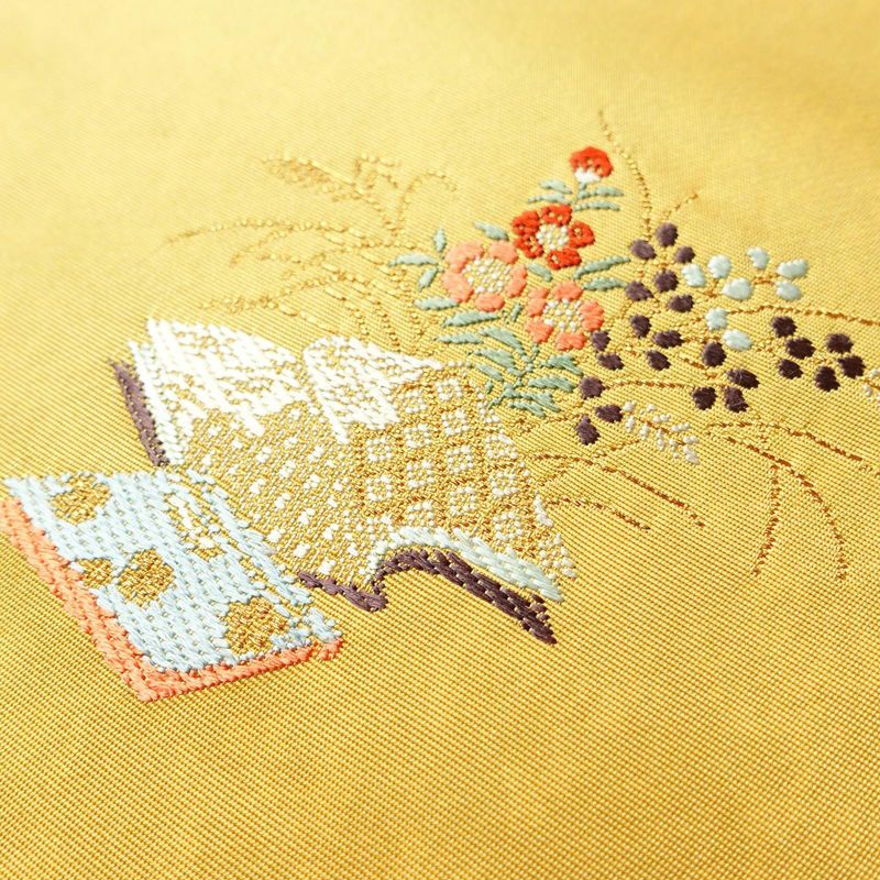 袋帯 本金 手織引箔 太鼓柄 フォーマル用 正絹 風景柄 箔 金糸 帯 黄・黄土色_画像11