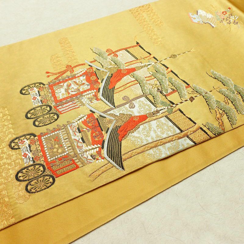 袋帯 本金 手織引箔 太鼓柄 フォーマル用 正絹 風景柄 箔 金糸 帯 黄・黄土色_画像12