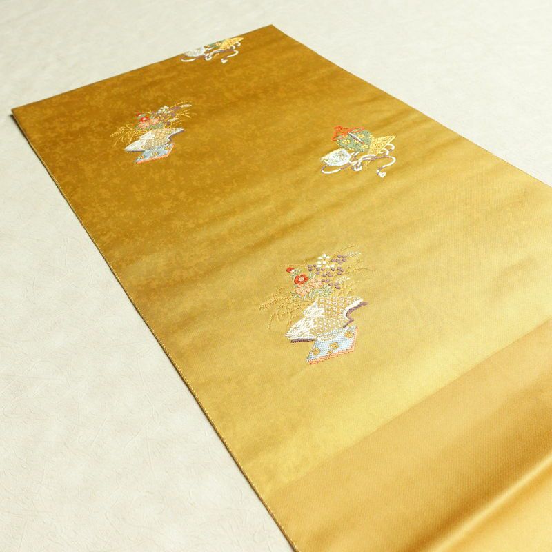 袋帯 本金 手織引箔 太鼓柄 フォーマル用 正絹 風景柄 箔 金糸 帯 黄・黄土色_画像16