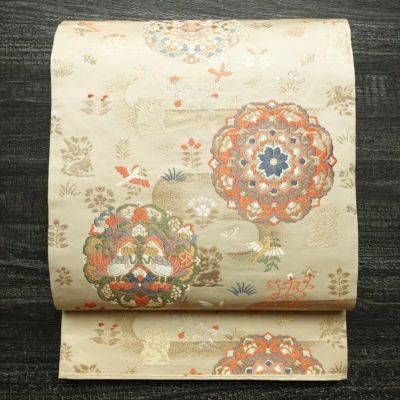 袋帯 六通柄 フォーマル用 正絹 幾何学柄・抽象柄 箔 金糸 帯 ベージュ