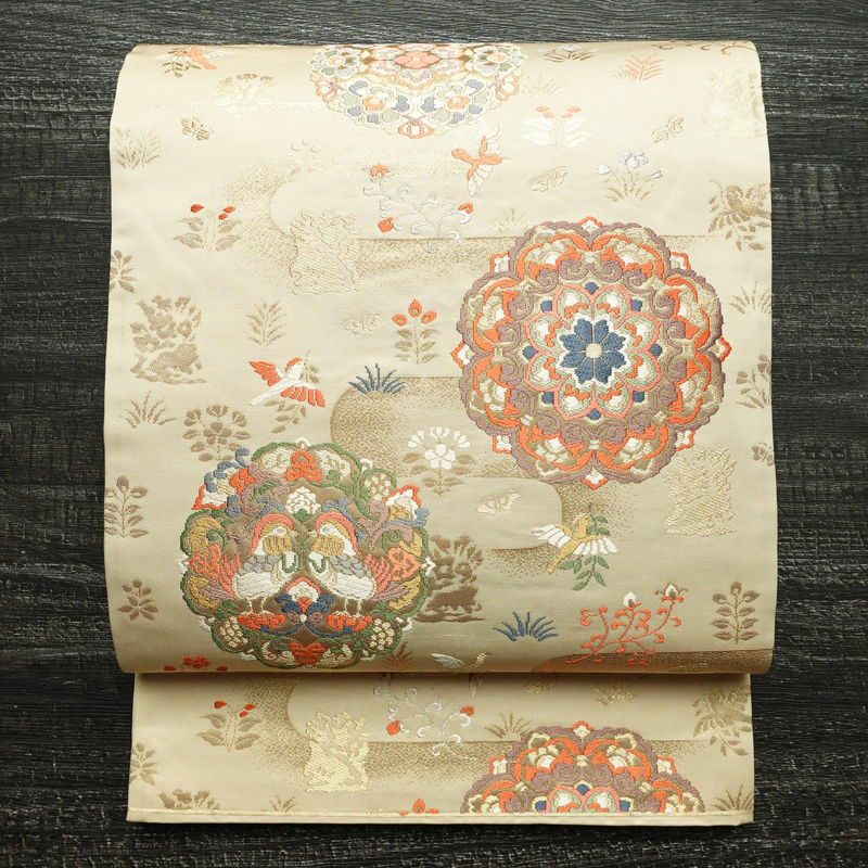 袋帯 六通柄 フォーマル用 正絹 幾何学柄・抽象柄 箔 金糸 帯 ベージュ_画像1