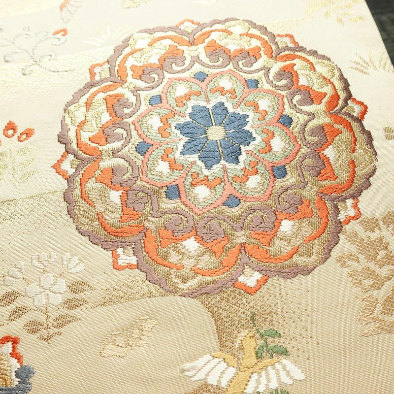 袋帯 六通柄 フォーマル用 正絹 幾何学柄・抽象柄 箔 金糸 帯 ベージュ_画像3