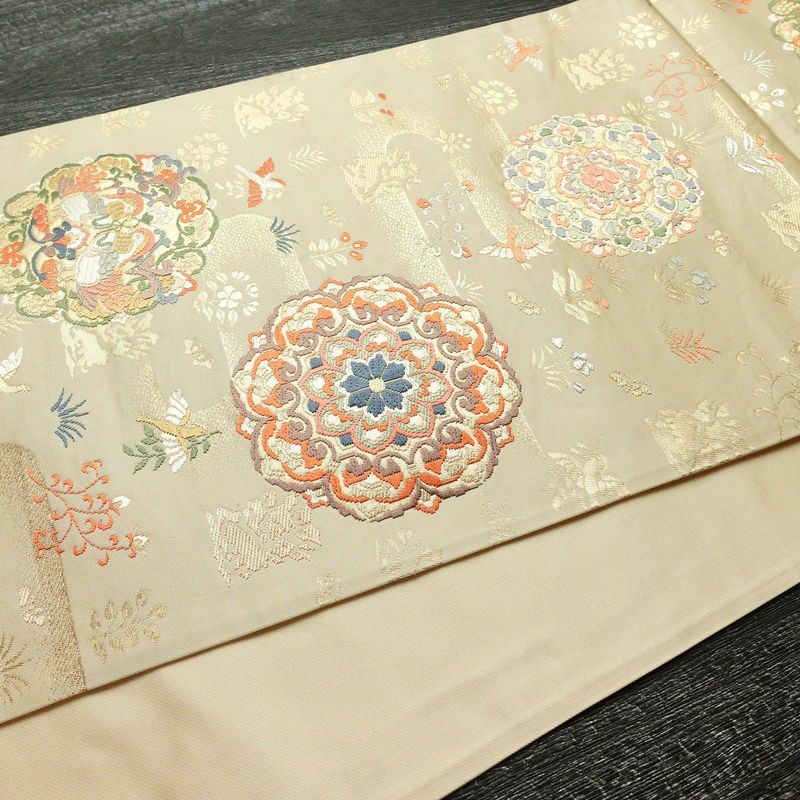 袋帯 六通柄 フォーマル用 正絹 幾何学柄・抽象柄 箔 金糸 帯 ベージュ_画像11
