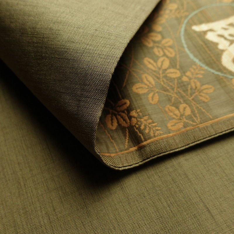 袋帯 花鳥風月 六通柄 美品 一般用 正絹 木の葉・植物柄 帯 緑・うぐいす色_画像10