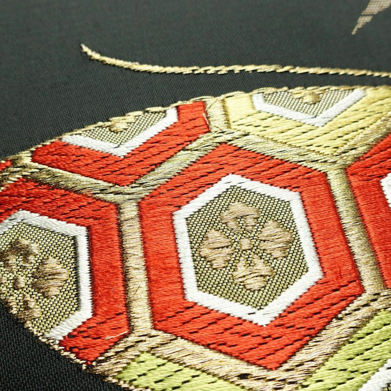 名古屋帯 太鼓柄 正絹 蝶・昆虫柄 名古屋仕立て 金糸 帯 黒_画像6