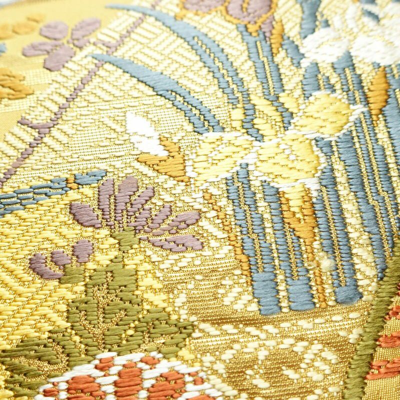 袋帯 六通柄 フォーマル用 正絹 古典柄 箔 金糸 帯 黄・黄土色_画像4