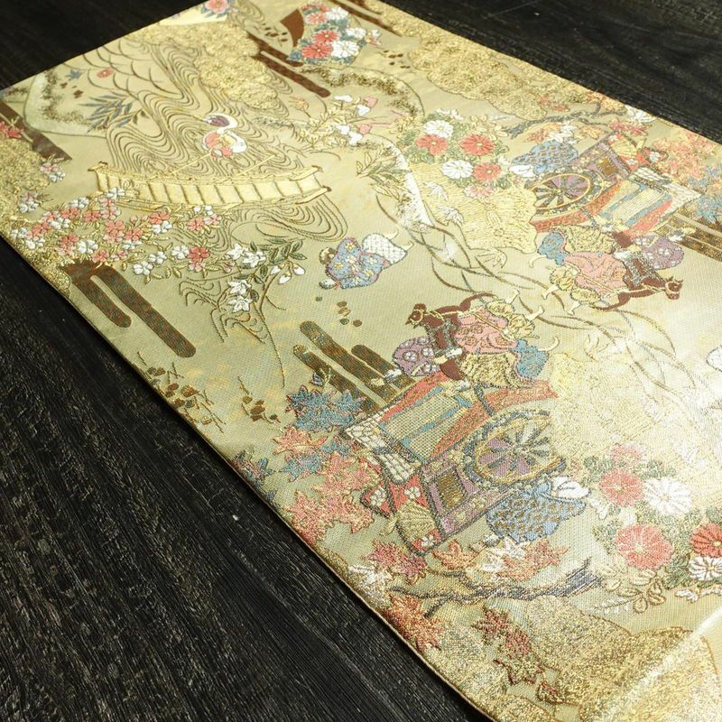 袋帯 全通柄 良品 フォーマル用 正絹 人物・動物柄 箔 古典 御所車 金糸 帯 金・銀_画像19