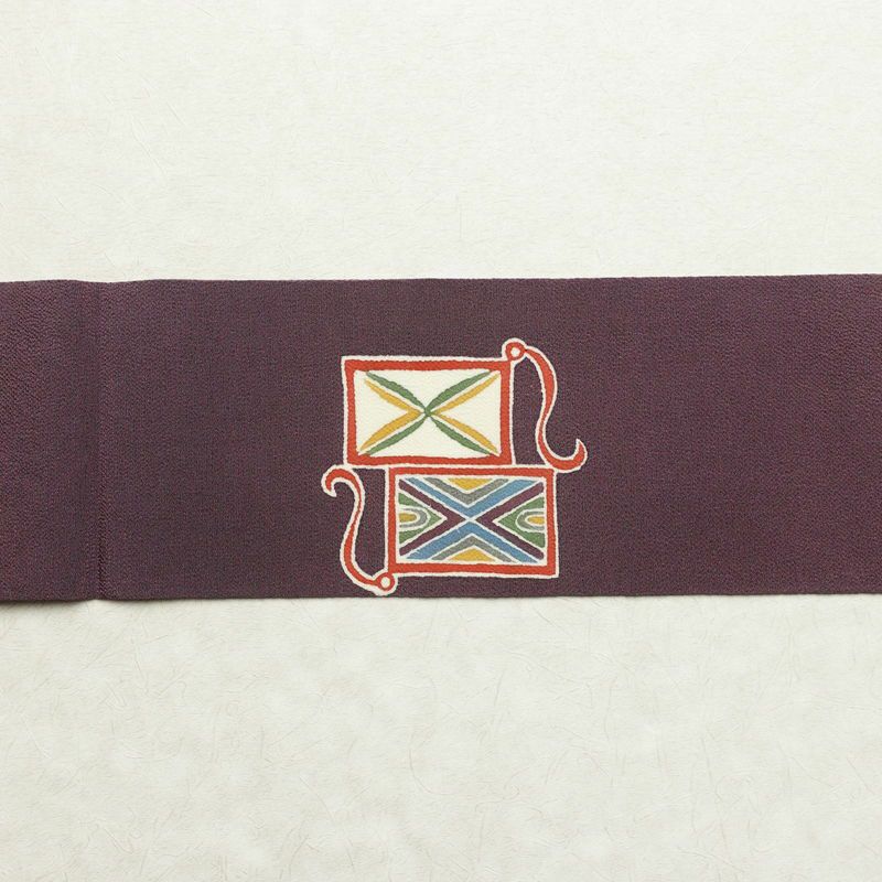 名古屋帯 太鼓柄 良品 縮緬 正絹 幾何学柄・抽象柄 名古屋仕立て 帯 紫・藤色_画像14