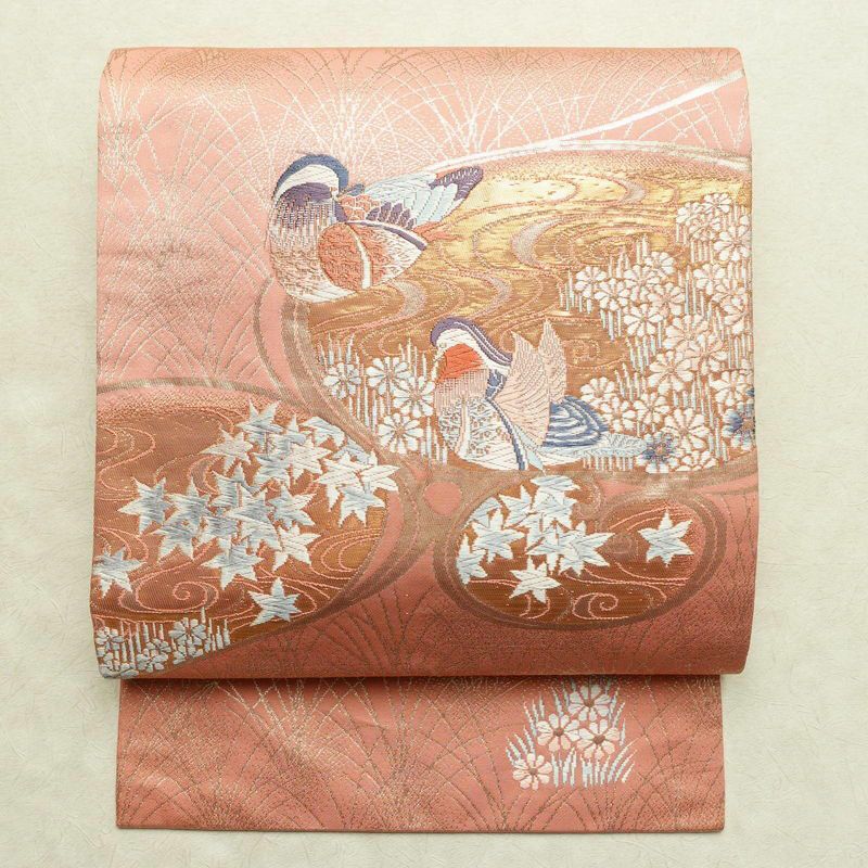 名古屋帯 本金箔 二重織 太鼓柄 正絹 人物・動物柄 名古屋仕立て 箔 金糸 帯 ピンク_画像1