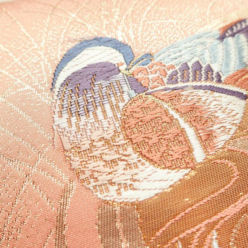 名古屋帯 本金箔 二重織 太鼓柄 正絹 人物・動物柄 名古屋仕立て 箔 金糸 帯 ピンク_画像3