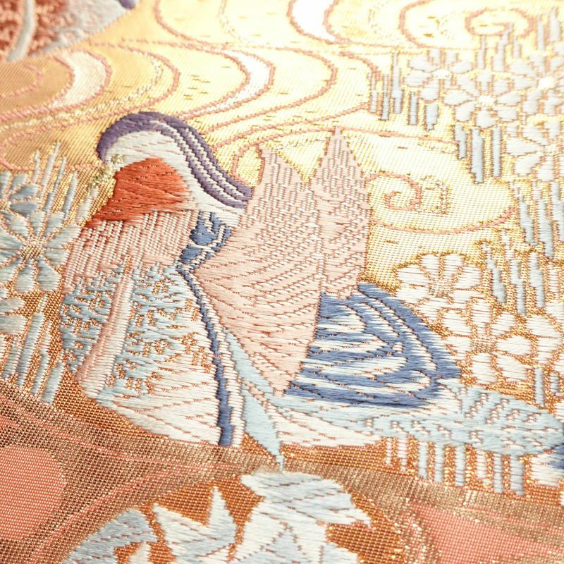 名古屋帯 本金箔 二重織 太鼓柄 正絹 人物・動物柄 名古屋仕立て 箔 金糸 帯 ピンク_画像4