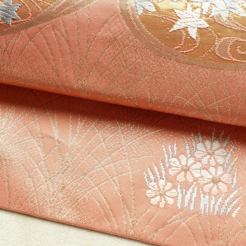 名古屋帯 本金箔 二重織 太鼓柄 正絹 人物・動物柄 名古屋仕立て 箔 金糸 帯 ピンク_画像6