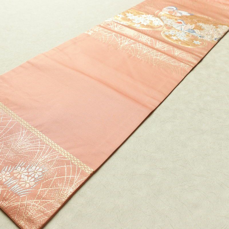 名古屋帯 本金箔 二重織 太鼓柄 正絹 人物・動物柄 名古屋仕立て 箔 金糸 帯 ピンク_画像7