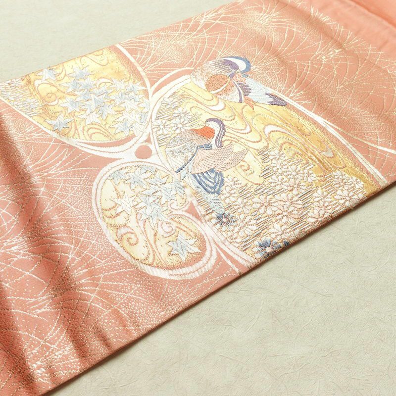 名古屋帯 本金箔 二重織 太鼓柄 正絹 人物・動物柄 名古屋仕立て 箔 金糸 帯 ピンク_画像9