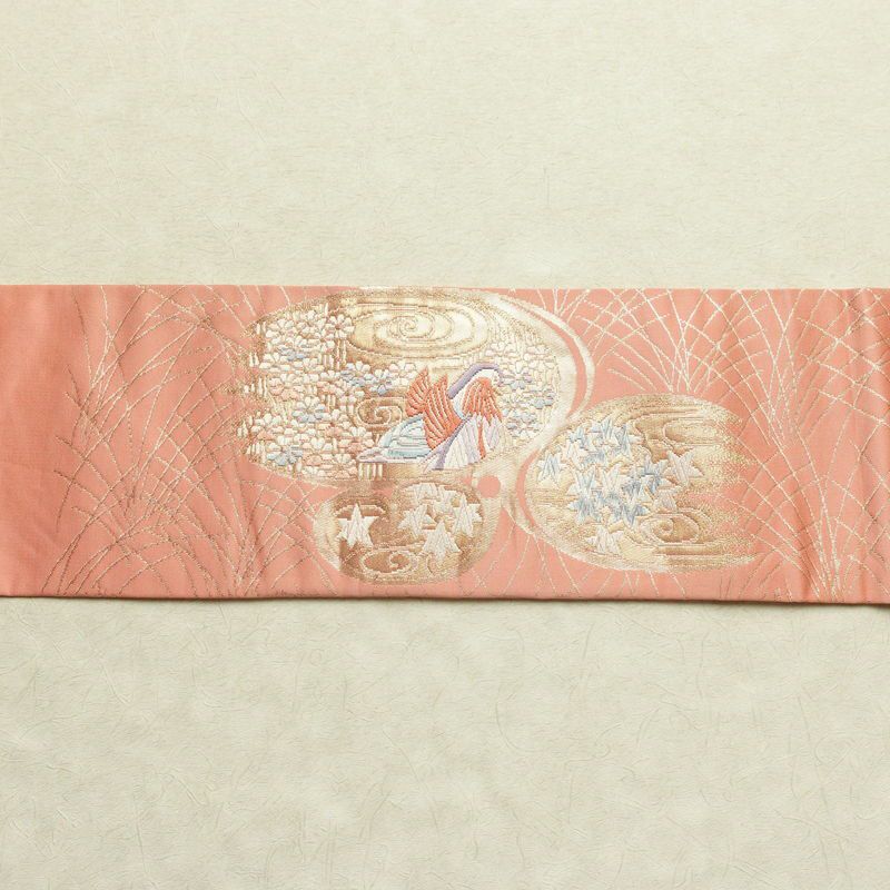 名古屋帯 本金箔 二重織 太鼓柄 正絹 人物・動物柄 名古屋仕立て 箔 金糸 帯 ピンク_画像10