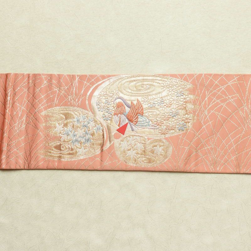名古屋帯 本金箔 二重織 太鼓柄 正絹 人物・動物柄 名古屋仕立て 箔 金糸 帯 ピンク_画像11