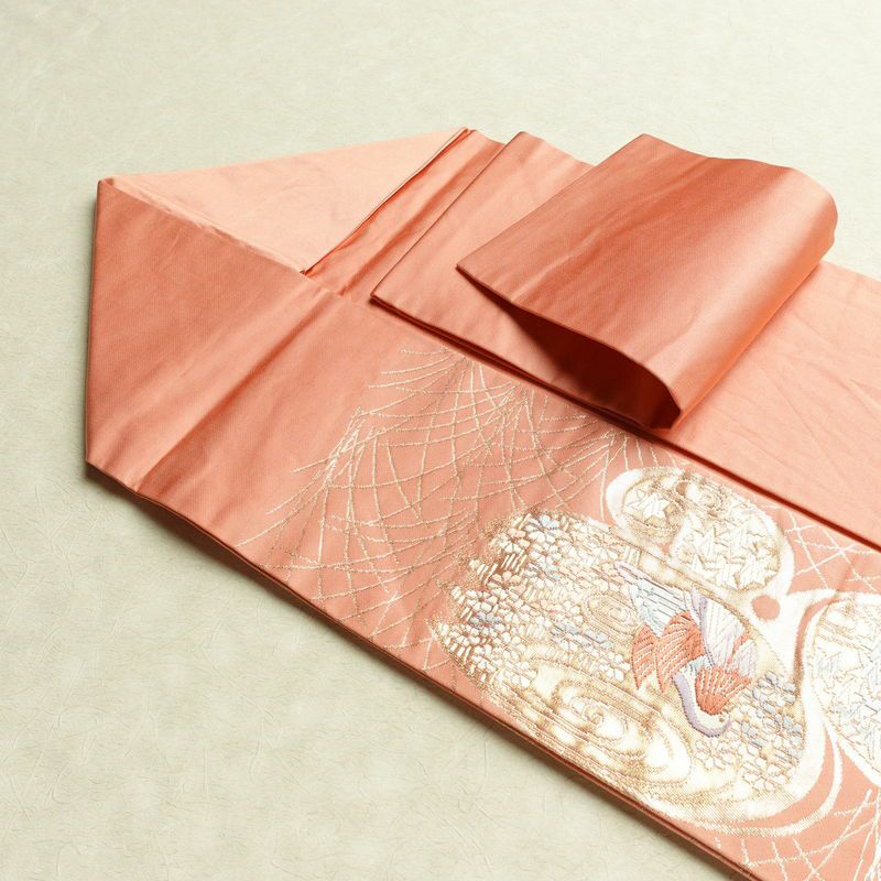 名古屋帯 本金箔 二重織 太鼓柄 正絹 人物・動物柄 名古屋仕立て 箔 金糸 帯 ピンク_画像21