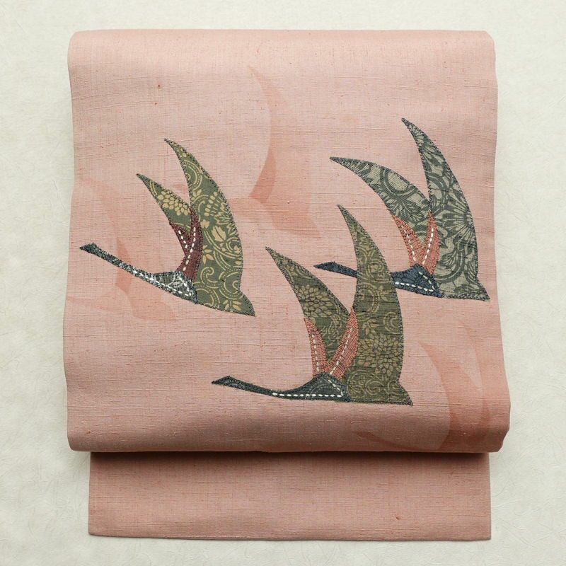 名古屋帯 太鼓柄 正絹 人物・動物柄 名古屋仕立て 刺繍 帯 ピンク_画像1