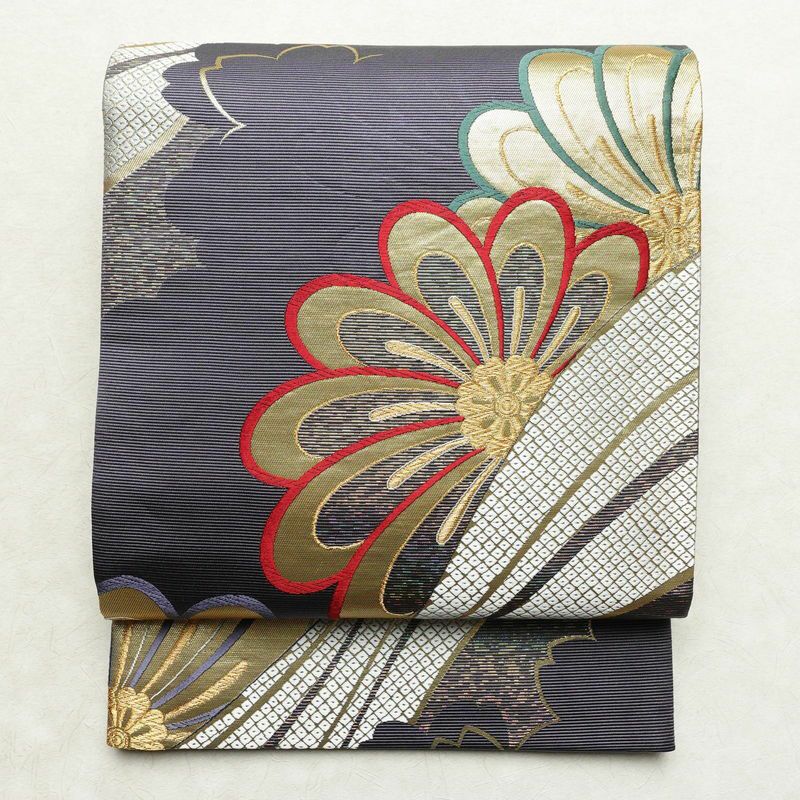 袋帯 六通柄 振袖用 正絹 花柄 箔 金糸 帯 紫・藤色_画像1