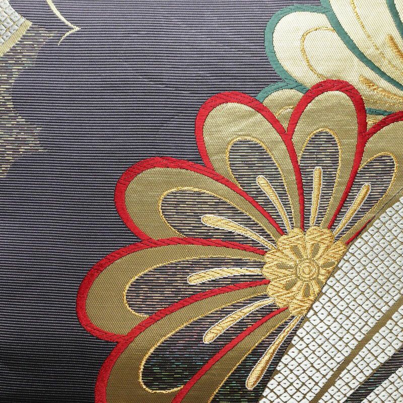 袋帯 六通柄 振袖用 正絹 花柄 箔 金糸 帯 紫・藤色_画像2