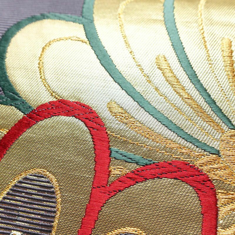 袋帯 六通柄 振袖用 正絹 花柄 箔 金糸 帯 紫・藤色_画像6