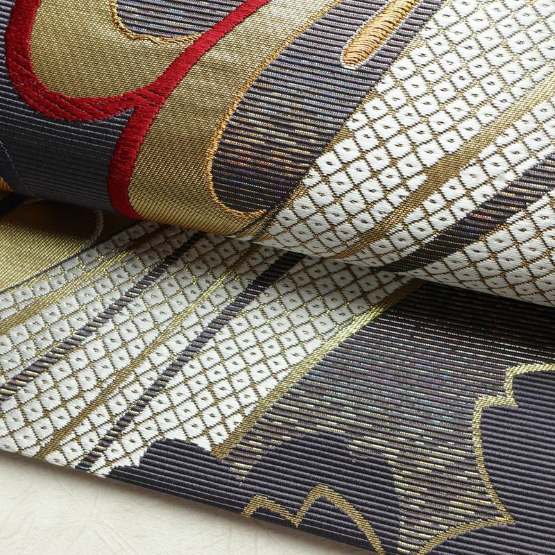 袋帯 六通柄 振袖用 正絹 花柄 箔 金糸 帯 紫・藤色_画像8