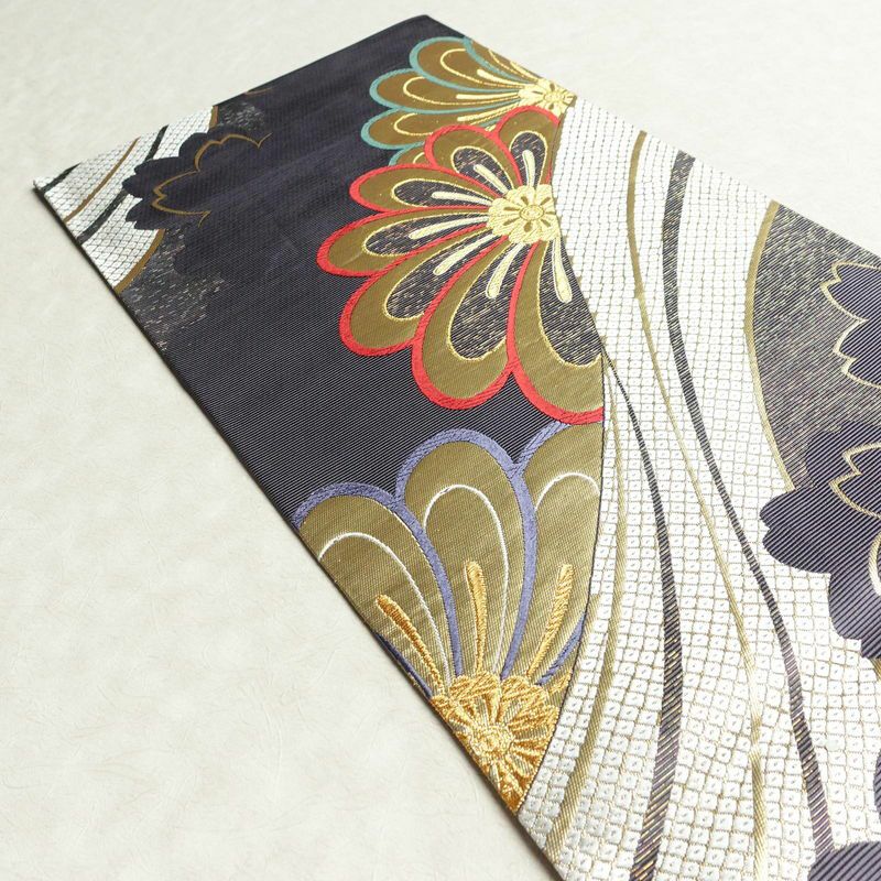 袋帯 六通柄 振袖用 正絹 花柄 箔 金糸 帯 紫・藤色_画像19