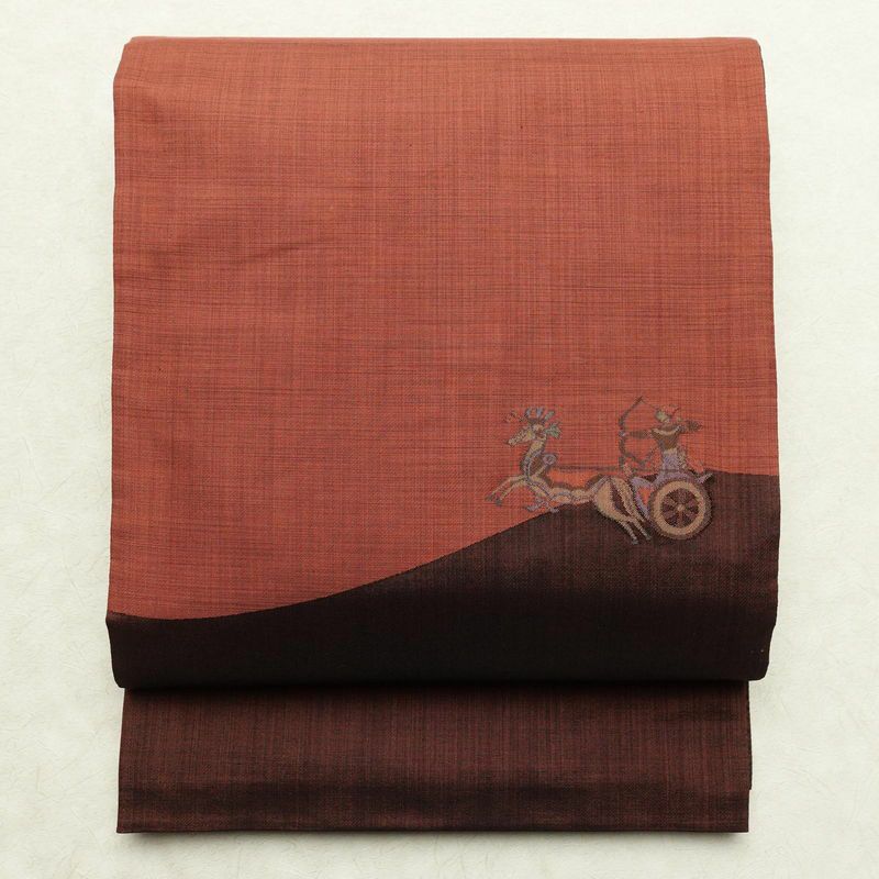 袋帯 太鼓柄 一般用 正絹 人物・動物柄 帯 小豆・エンジ_画像1