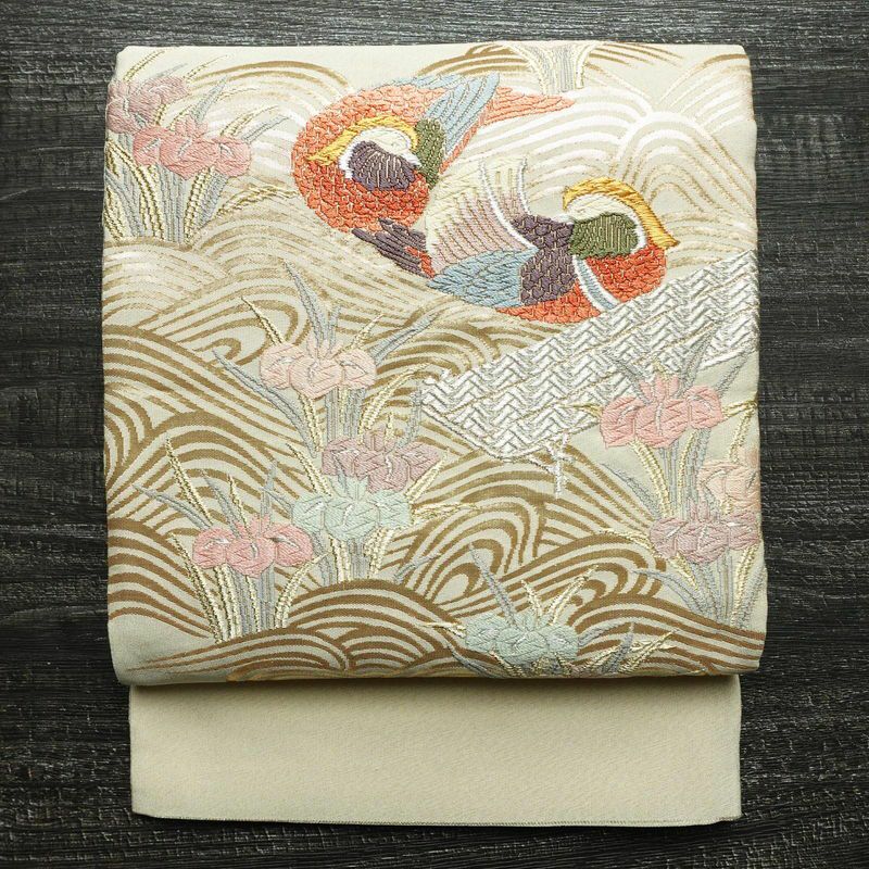 袋帯 太鼓柄 フォーマル用 正絹 人物・動物柄 箔 金糸 銀糸 帯 銀通し 菖蒲 クリーム_画像1