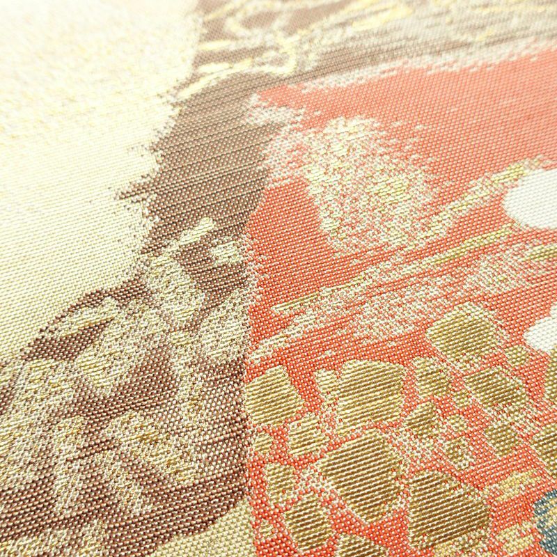 袋帯 四季色紙文 六通柄 フォーマル用 正絹 花柄 箔 金糸 帯 ベージュ_画像4