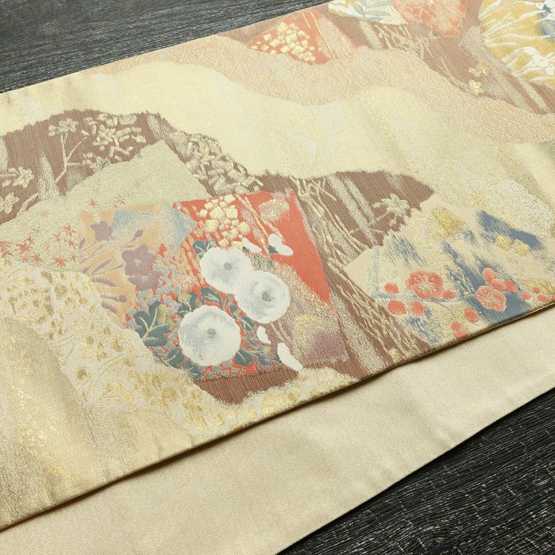 袋帯 四季色紙文 六通柄 フォーマル用 正絹 花柄 箔 金糸 帯 ベージュ_画像11
