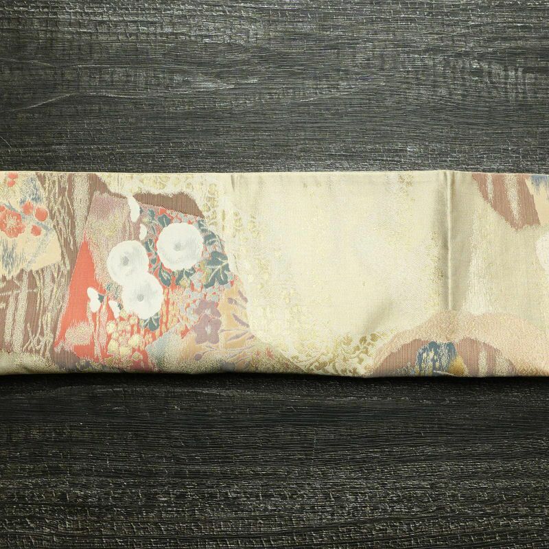 袋帯 四季色紙文 六通柄 フォーマル用 正絹 花柄 箔 金糸 帯 ベージュ_画像15