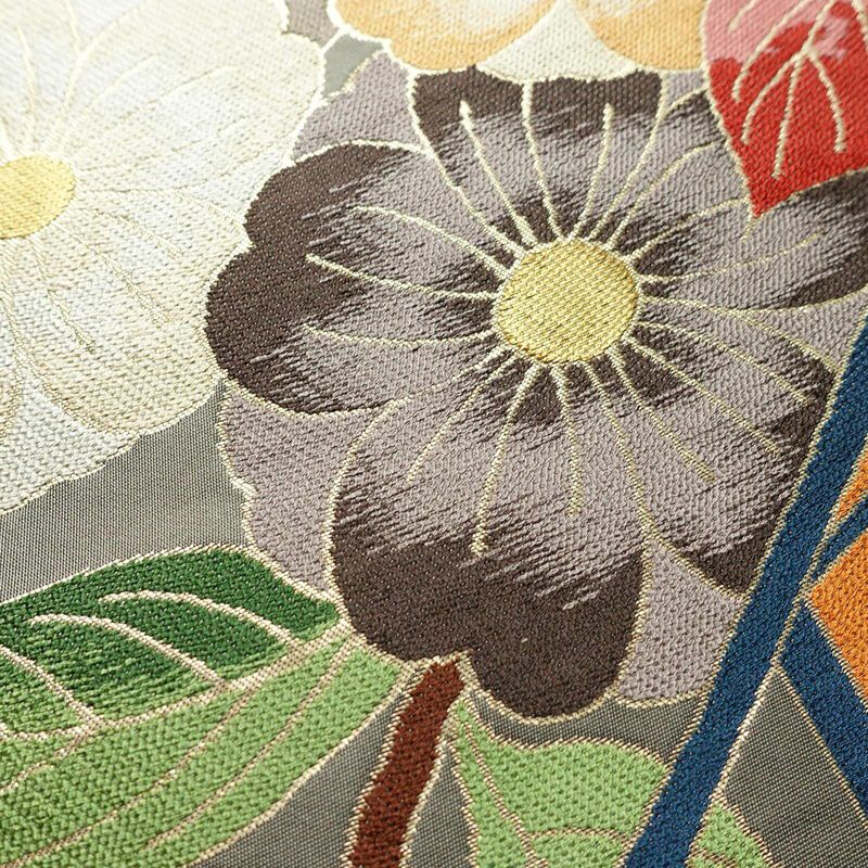 袋帯 六通柄 フォーマル用 正絹 花柄 金糸 帯 紅葉 グレー_画像3