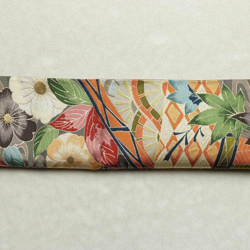 袋帯 六通柄 フォーマル用 正絹 花柄 金糸 帯 紅葉 グレー_画像13