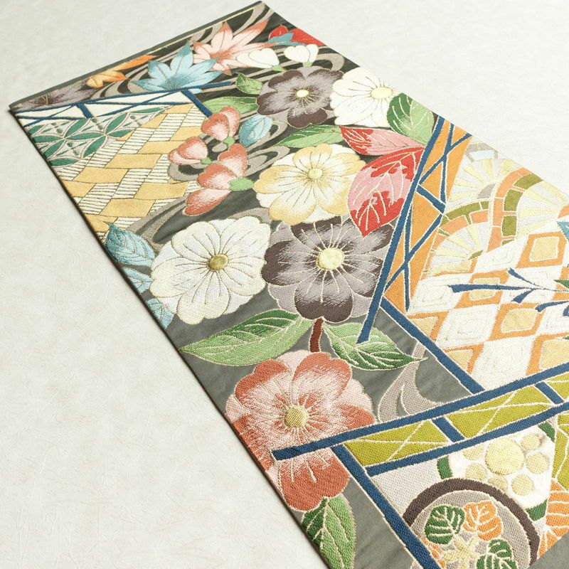 袋帯 六通柄 フォーマル用 正絹 花柄 金糸 帯 紅葉 グレー_画像16