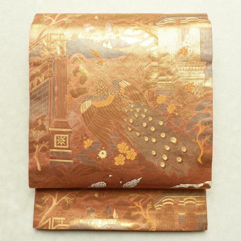 袋帯 ブルボン懐古 純金箔 手織二重箔 六通柄 フォーマル用 正絹 風景柄 箔 金糸 帯 ピンク サーモンピンク_画像1