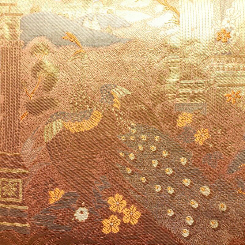 袋帯 ブルボン懐古 純金箔 手織二重箔 六通柄 フォーマル用 正絹 風景柄 箔 金糸 帯 ピンク サーモンピンク_画像2