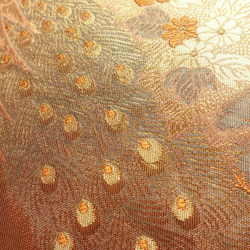 袋帯 ブルボン懐古 純金箔 手織二重箔 六通柄 フォーマル用 正絹 風景柄 箔 金糸 帯 ピンク サーモンピンク_画像4