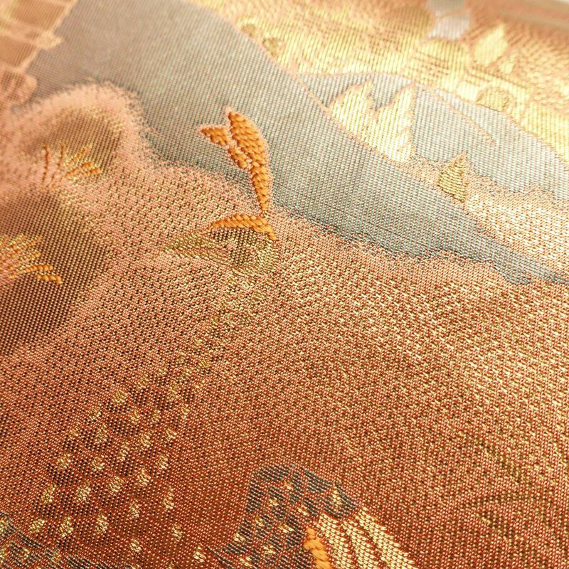 袋帯 ブルボン懐古 純金箔 手織二重箔 六通柄 フォーマル用 正絹 風景柄 箔 金糸 帯 ピンク サーモンピンク_画像6
